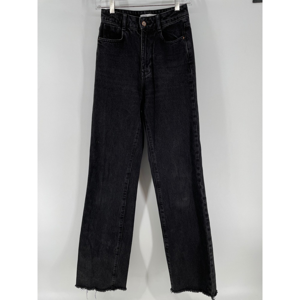 ZARA Straight Leg Jeans Womens 0 Black High Waisted Raw Hem Denim